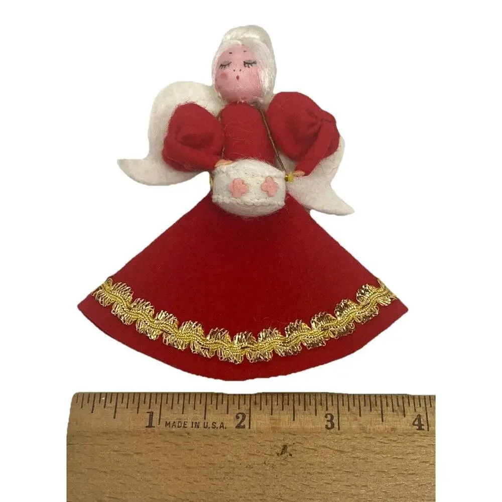 Vintage Christmas Angel 4 7/8” Figure Felt Red White Gold Wings Drum Decor